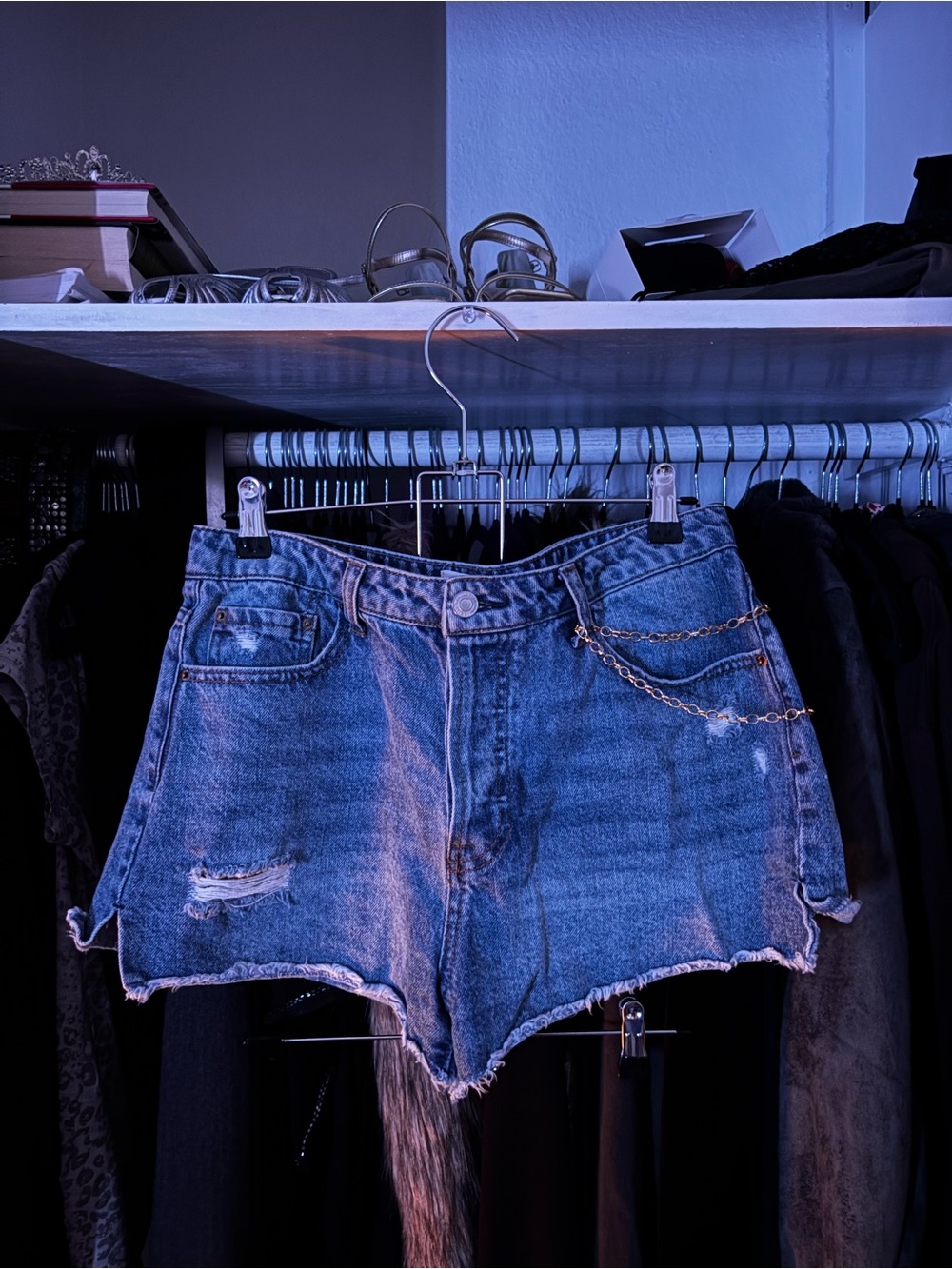 Vanilla Star Blue Distressed Denim Shorts with Chain Accent